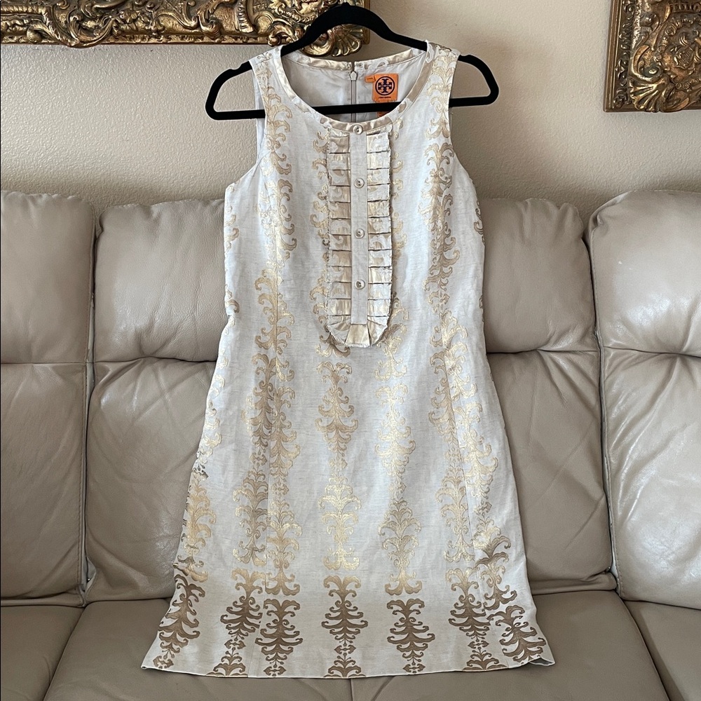 $450 Tory Burch Maggie Gold Brocade Sleeveless Shift Dress - Picture 4 of 9
